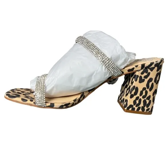 Vince Camuto Womens Leather Black Leopard Crystal Embellished Sandals Sz 8.5 NIB