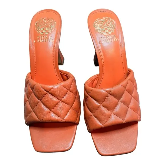 Vince Camuto Women's Orange Quilted Slide Sandals 4 Inch Heel Size 7
