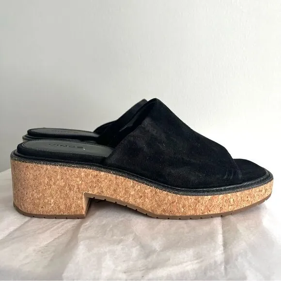 Vince Maddy Black Suede Mules Slides Block Heel Platform Sandals Sz 9.5 M NWOB