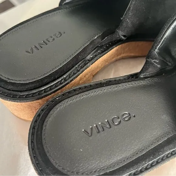 Vince Maddy Black Suede Mules Slides Block Heel Platform Sandals Sz 9.5 M NWOB