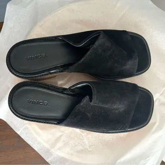 Vince Maddy Black Suede Mules Slides Block Heel Platform Sandals Sz 9.5 M NWOB