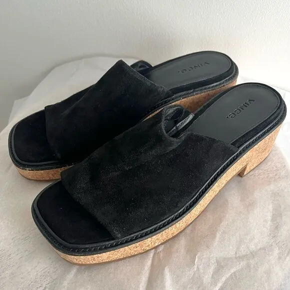Vince Maddy Black Suede Mules Slides Block Heel Platform Sandals Sz 9.5 M NWOB