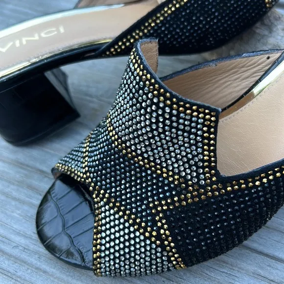 Vinci The Magnolia Black Silver Gold Glitter Sparkle Leather Women Sandals - NEW