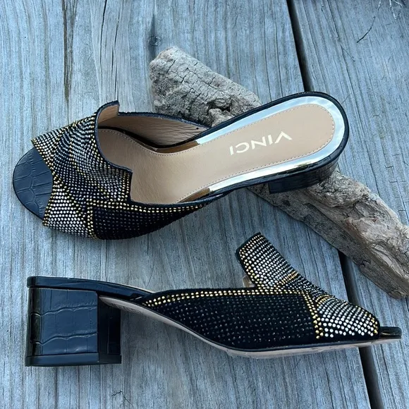 Vinci The Magnolia Black Silver Gold Glitter Sparkle Leather Women Sandals - NEW