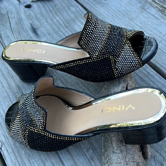 Vinci The Magnolia Black Silver Gold Glitter Sparkle Leather Women Sandals - NEW
