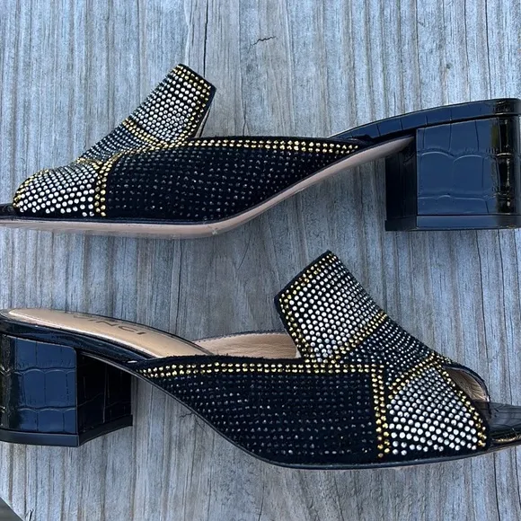 Vinci The Magnolia Black Silver Gold Glitter Sparkle Leather Women Sandals - NEW
