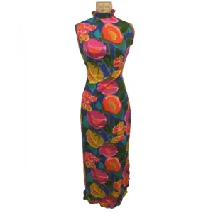 Vintage 1960s Floral Barkcloth Hostess Maxi Dress Resort Tropical Bohemian Sm