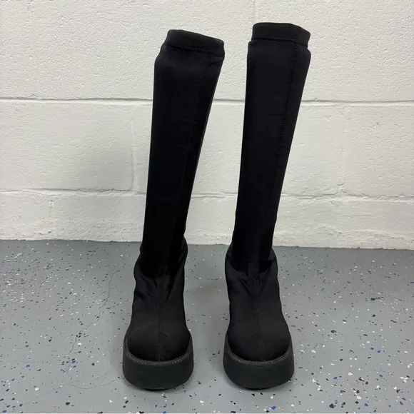 Vintage 90s Y2K Tall Black Platform Boots Stretch Scuba Upper Chunky Heel Goth 7