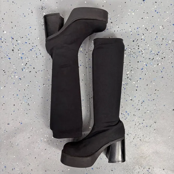 Vintage 90s Y2K Tall Black Platform Boots Stretch Scuba Upper Chunky Heel Goth 7