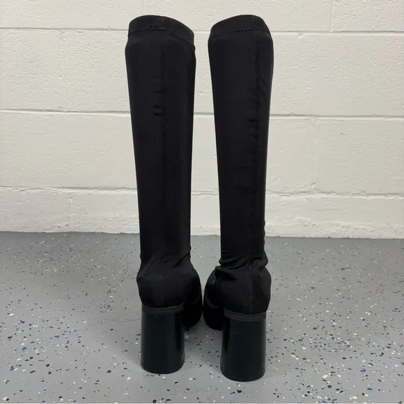 Vintage 90s Y2K Tall Black Platform Boots Stretch Scuba Upper Chunky Heel Goth 7