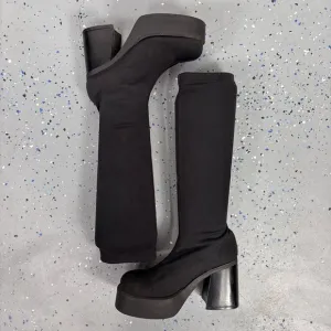 Vintage 90s Y2K Tall Black Platform Boots Stretch Scuba Upper Chunky Heel Goth 7