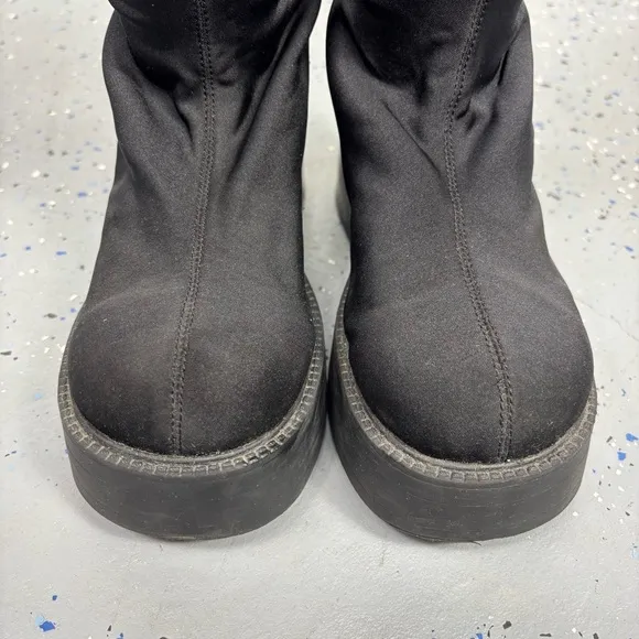 Vintage 90s Y2K Tall Black Platform Boots Stretch Scuba Upper Chunky Heel Goth 7