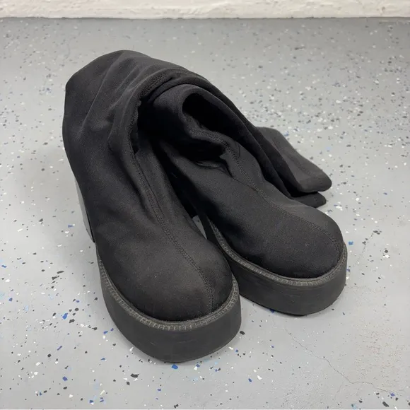 Vintage 90s Y2K Tall Black Platform Boots Stretch Scuba Upper Chunky Heel Goth 7