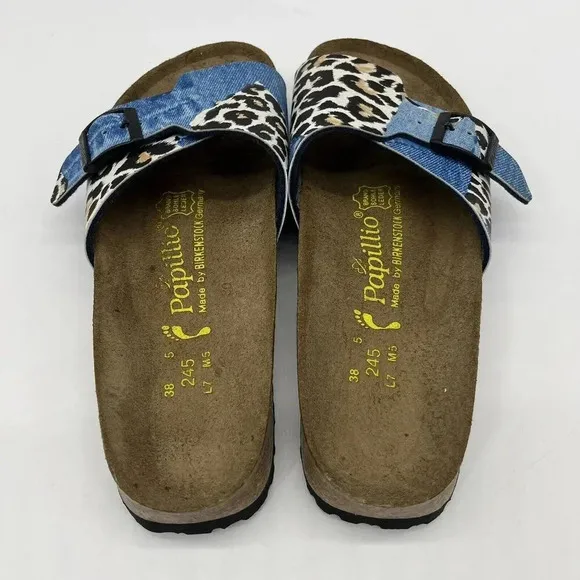 Vintage Birkenstock Papillio Slide Sandals Womens 7 Cheetah Denim Pattern