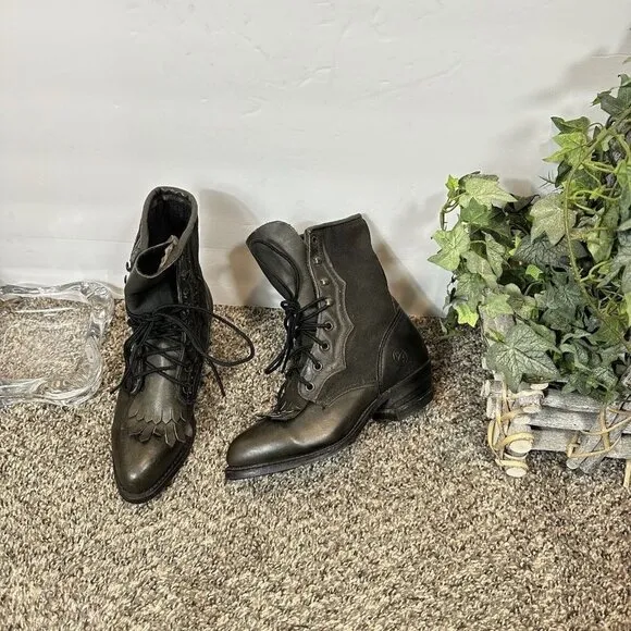 Vintage Durango 5.5 M Black Leather Kiltie Lace Up Witch Boots Western NEW