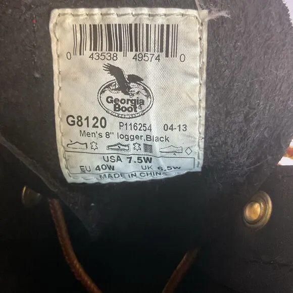 Vintage Georgia Boot Men’s 8&quot; Logger Boots  Black Leather Work Boots 7.5W