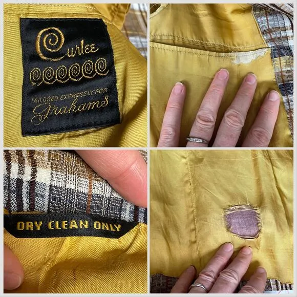 Vintage Gold Plaid Blazer, 1970s Wide Lapel Sportcoat Suit Jacket, Sz S-M