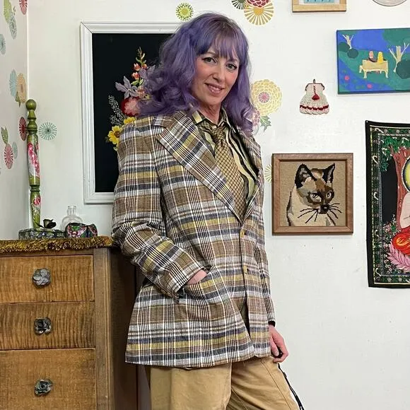 Vintage Gold Plaid Blazer, 1970s Wide Lapel Sportcoat Suit Jacket, Sz S-M