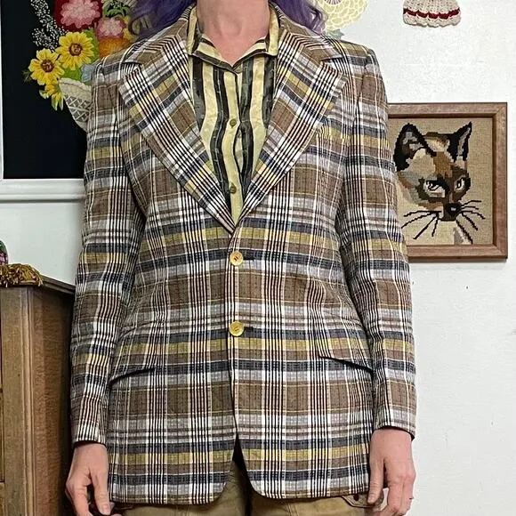 Vintage Gold Plaid Blazer, 1970s Wide Lapel Sportcoat Suit Jacket, Sz S-M