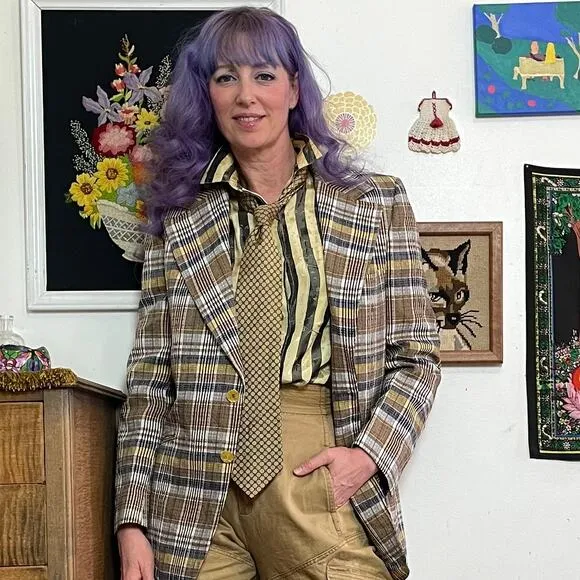 Vintage Gold Plaid Blazer, 1970s Wide Lapel Sportcoat Suit Jacket, Sz S-M