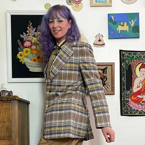 Vintage Gold Plaid Blazer, 1970s Wide Lapel Sportcoat Suit Jacket, Sz S-M