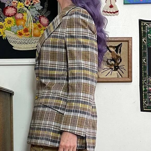 Vintage Gold Plaid Blazer, 1970s Wide Lapel Sportcoat Suit Jacket, Sz S-M