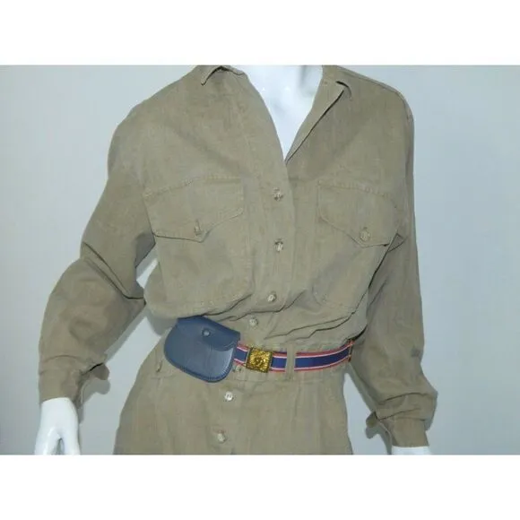 Vintage I. Magnin Dress Brown Green Khaki Utility Cargo Coverall Dress Size  S/M