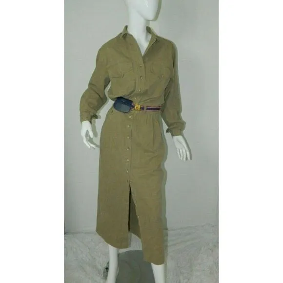 Vintage I. Magnin Dress Brown Green Khaki Utility Cargo Coverall Dress Size  S/M