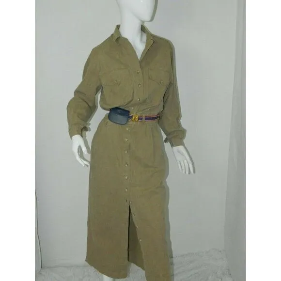 Vintage I. Magnin Dress Brown Green Khaki Utility Cargo Coverall Dress Size  S/M