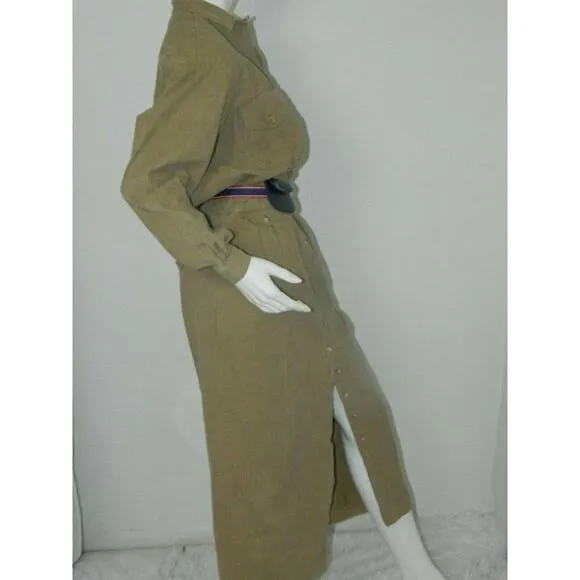 Vintage I. Magnin Dress Brown Green Khaki Utility Cargo Coverall Dress Size  S/M