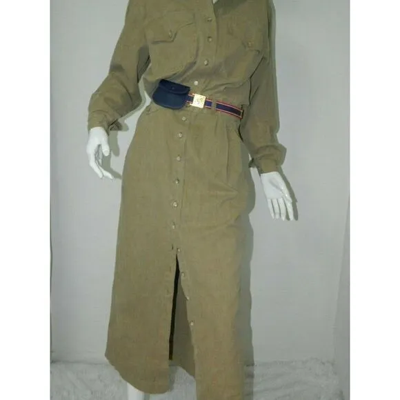 Vintage I. Magnin Dress Brown Green Khaki Utility Cargo Coverall Dress Size  S/M