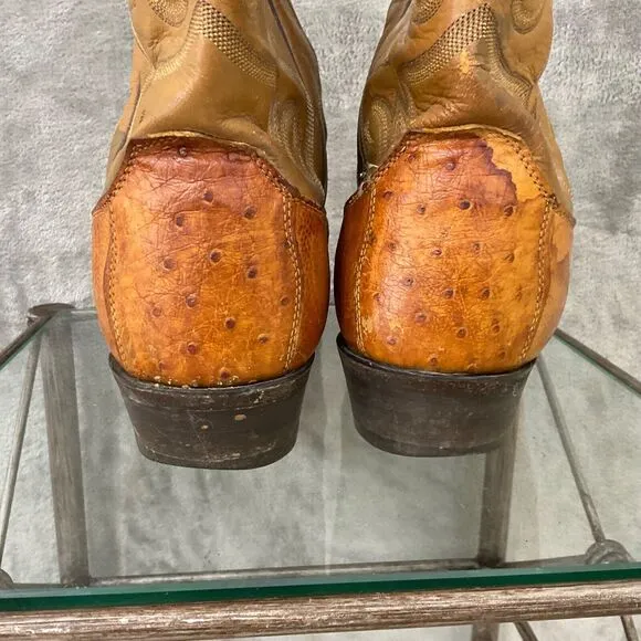 Vintage Justin Ostrich Cowboy Boots Mens 10.5 D Two tone tan full quill *