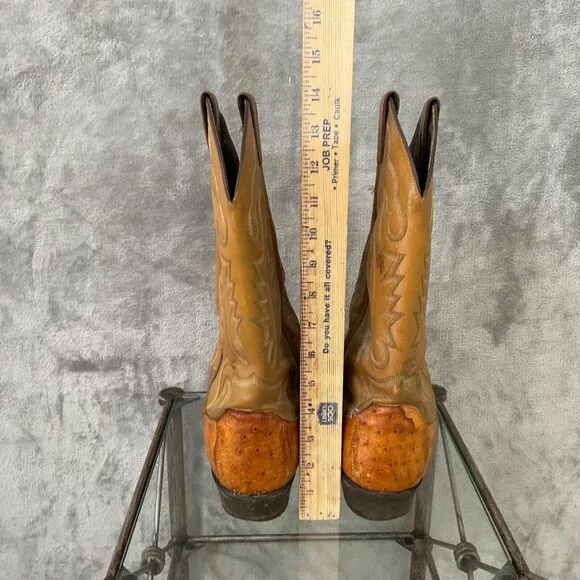 Vintage Justin Ostrich Cowboy Boots Mens 10.5 D Two tone tan full quill *