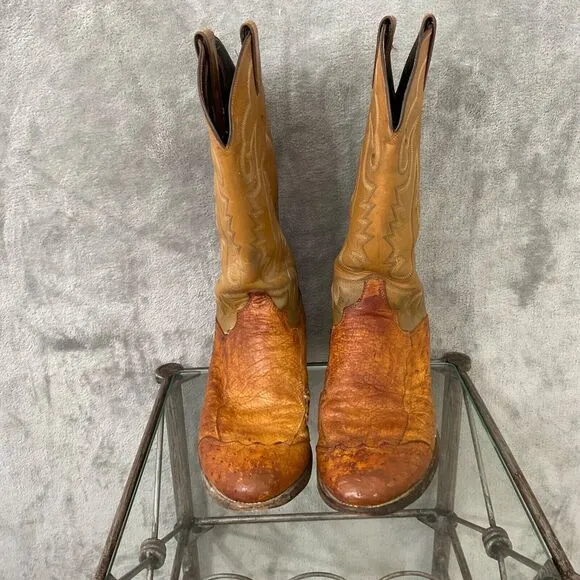 Vintage Justin Ostrich Cowboy Boots Mens 10.5 D Two tone tan full quill *