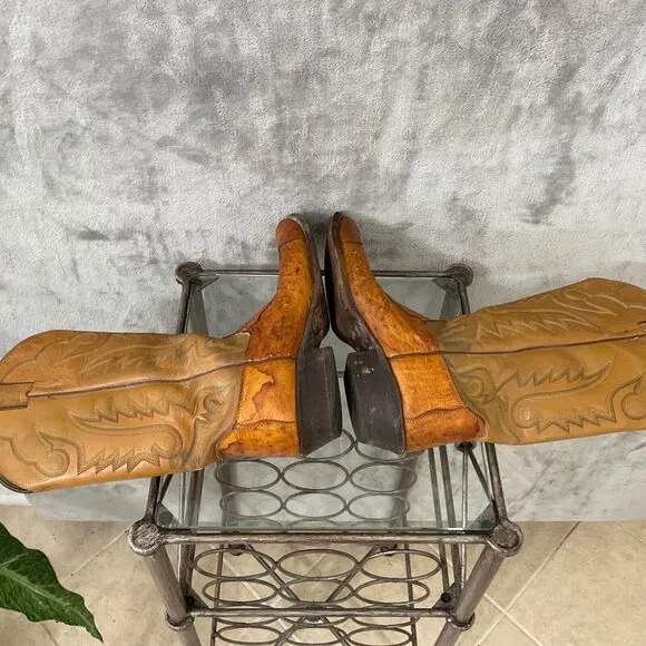 Vintage Justin Ostrich Cowboy Boots Mens 10.5 D Two tone tan full quill *