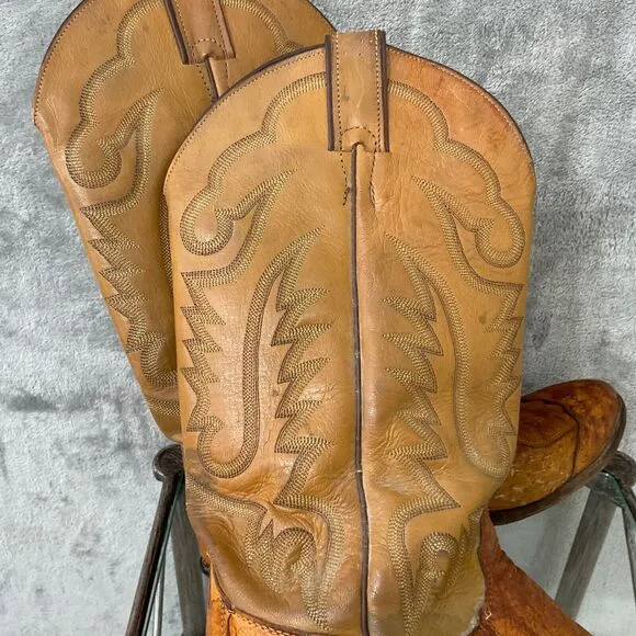 Vintage Justin Ostrich Cowboy Boots Mens 10.5 D Two tone tan full quill *