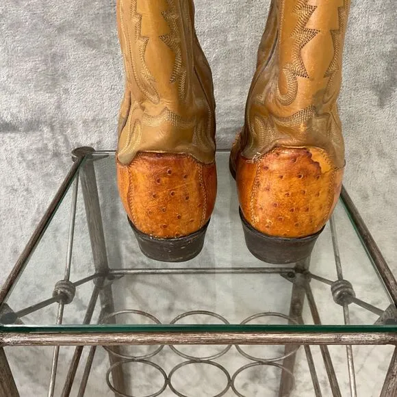 Vintage Justin Ostrich Cowboy Boots Mens 10.5 D Two tone tan full quill *