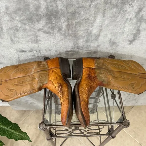 Vintage Justin Ostrich Cowboy Boots Mens 10.5 D Two tone tan full quill *