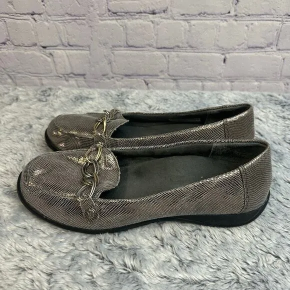 Vionic Alda Metallic Sliver Slip On Loafers Chain Link Detail Size 9 Pewter Work