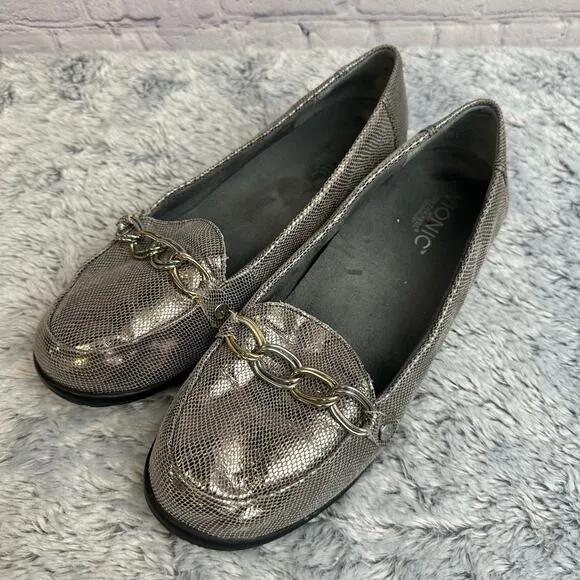 Vionic Alda Metallic Sliver Slip On Loafers Chain Link Detail Size 9 Pewter Work