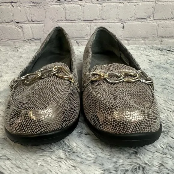 Vionic Alda Metallic Sliver Slip On Loafers Chain Link Detail Size 9 Pewter Work