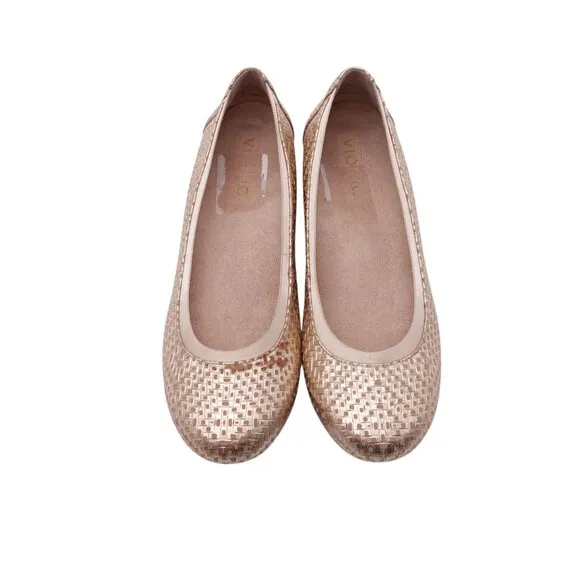 Vionic Anita Ballet Flats Sz 7 Gold Woven Leather Slip On Comfort Casual