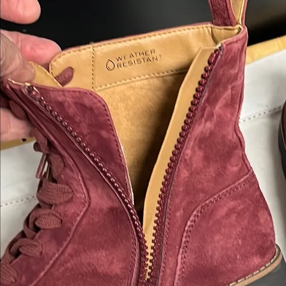 Vionic Burgundy Mauve Purple Suede Combat Boots with Lace-Up Design