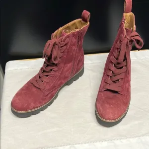 Vionic Burgundy Mauve Purple Suede Combat Boots with Lace-Up Design
