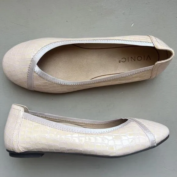 Vionic Carroll Cloud Peachy Pink Patent Leather Croc Embossed Ballet Flats US 7