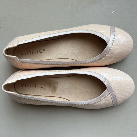 Vionic Carroll Cloud Peachy Pink Patent Leather Croc Embossed Ballet Flats US 7