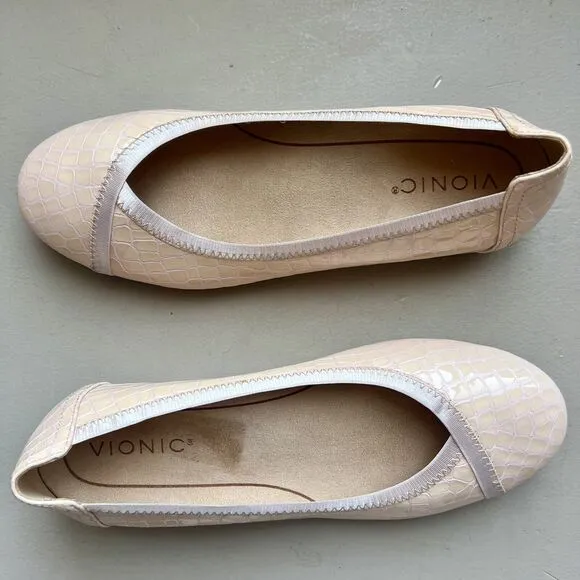 Vionic Carroll Cloud Peachy Pink Patent Leather Croc Embossed Ballet Flats US 7