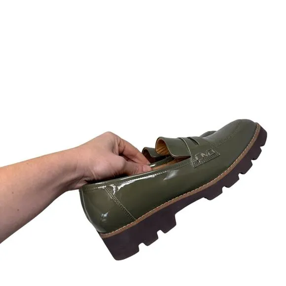 Vionic Cheryl Olive Green Patent Leather Penny Loafers Chunky Y2K Womens 7.5