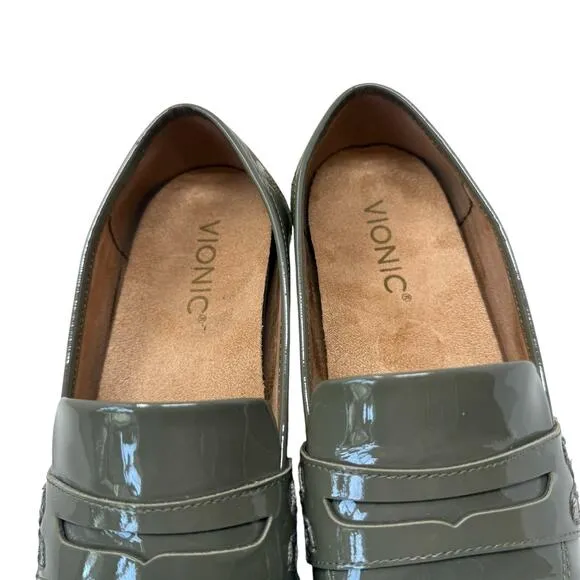 Vionic Cheryl Olive Green Patent Leather Penny Loafers Chunky Y2K Womens 7.5