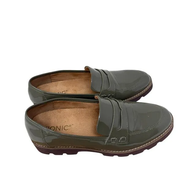 Vionic Cheryl Olive Green Patent Leather Penny Loafers Chunky Y2K Womens 7.5